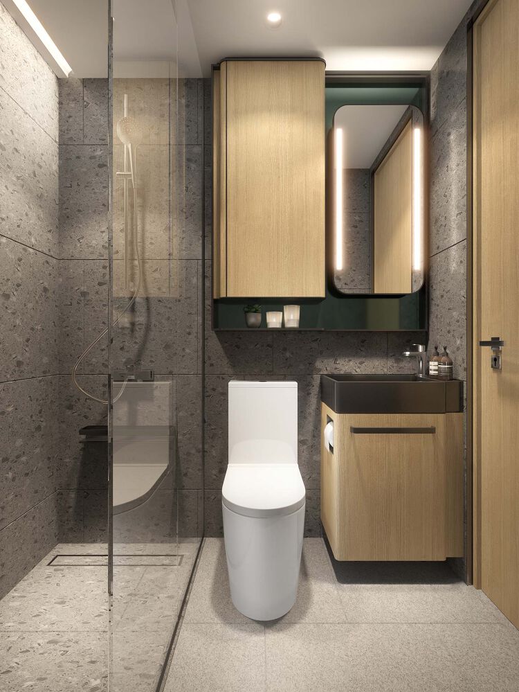 映築單位浴室牆身用上石材質感面板拼合，浴室座廁、洗手盤龍頭及花灑均採用意大利品牌